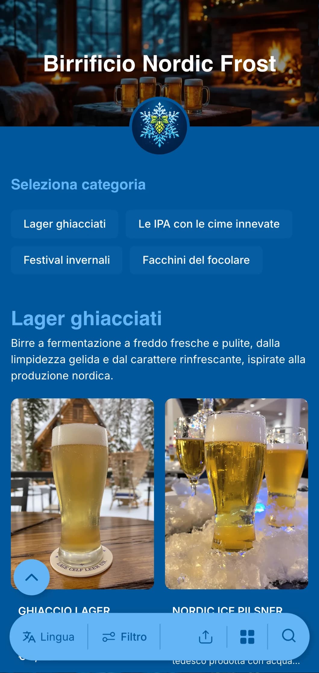 Design fresco e frizzante a tema invernale con toni blu ghiaccio e accenti di fiocchi di neve, ideale per i menu delle birre stagionali invernali.
