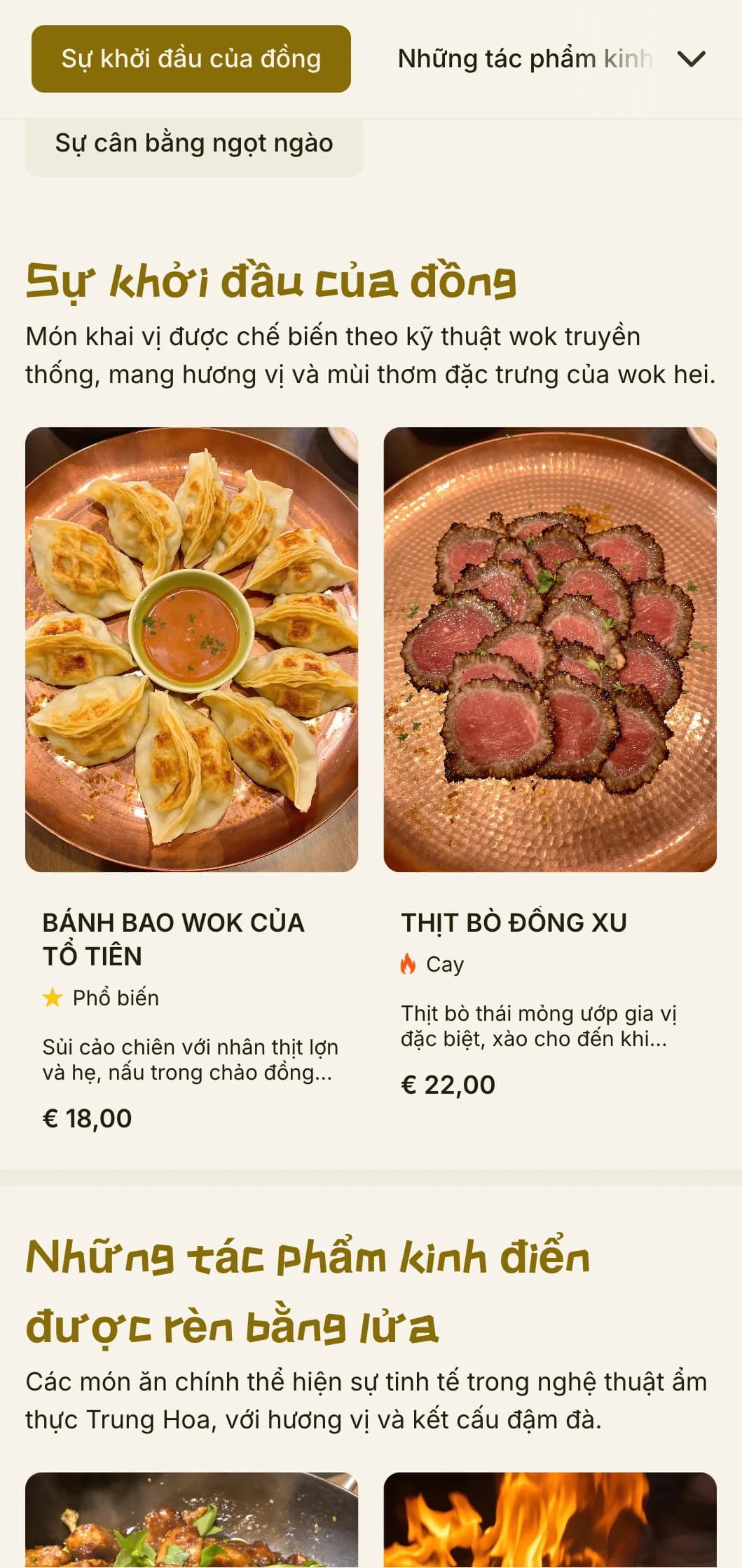 Thiết kế thực đơn Trung Hoa ấm áp lấy cảm hứng từ cách nấu ăn bằng chảo truyền thống, với điểm nhấn là đồ đồng và các yếu tố ẩm thực đích thực.