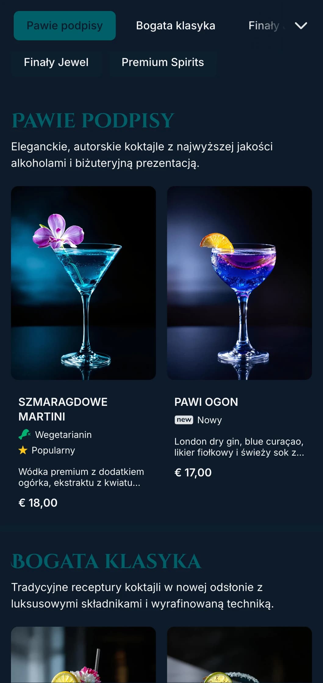 Luksusowy, utrzymany w odcieniach klejnotów projekt do ekskluzywnych salonów koktajlowych z pawim błękitem i szmaragdowymi akcentami oraz elegancką typografią.