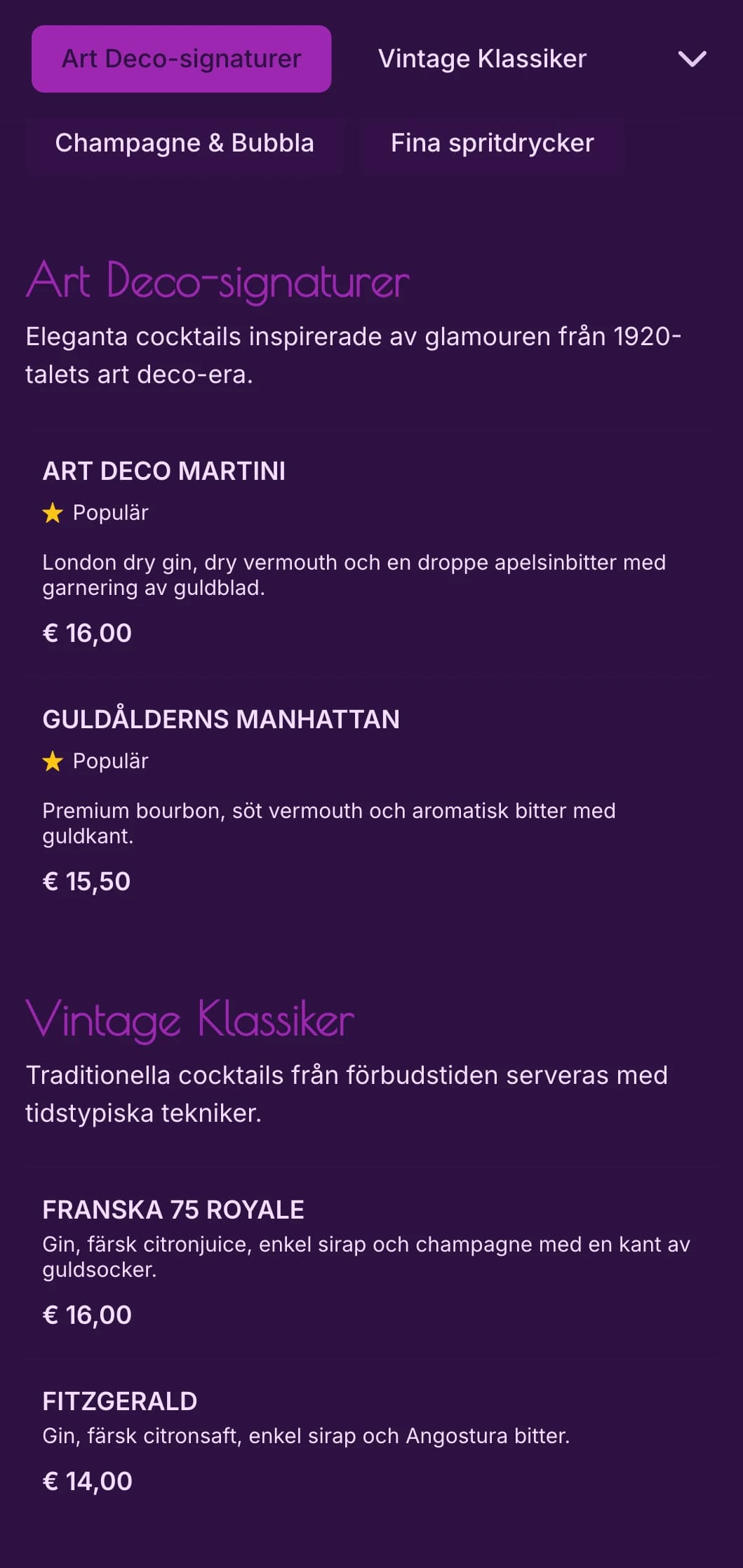 Elegant design i lila och guld inspirerad av 1920-talets art deco för exklusiva cocktailbarer.