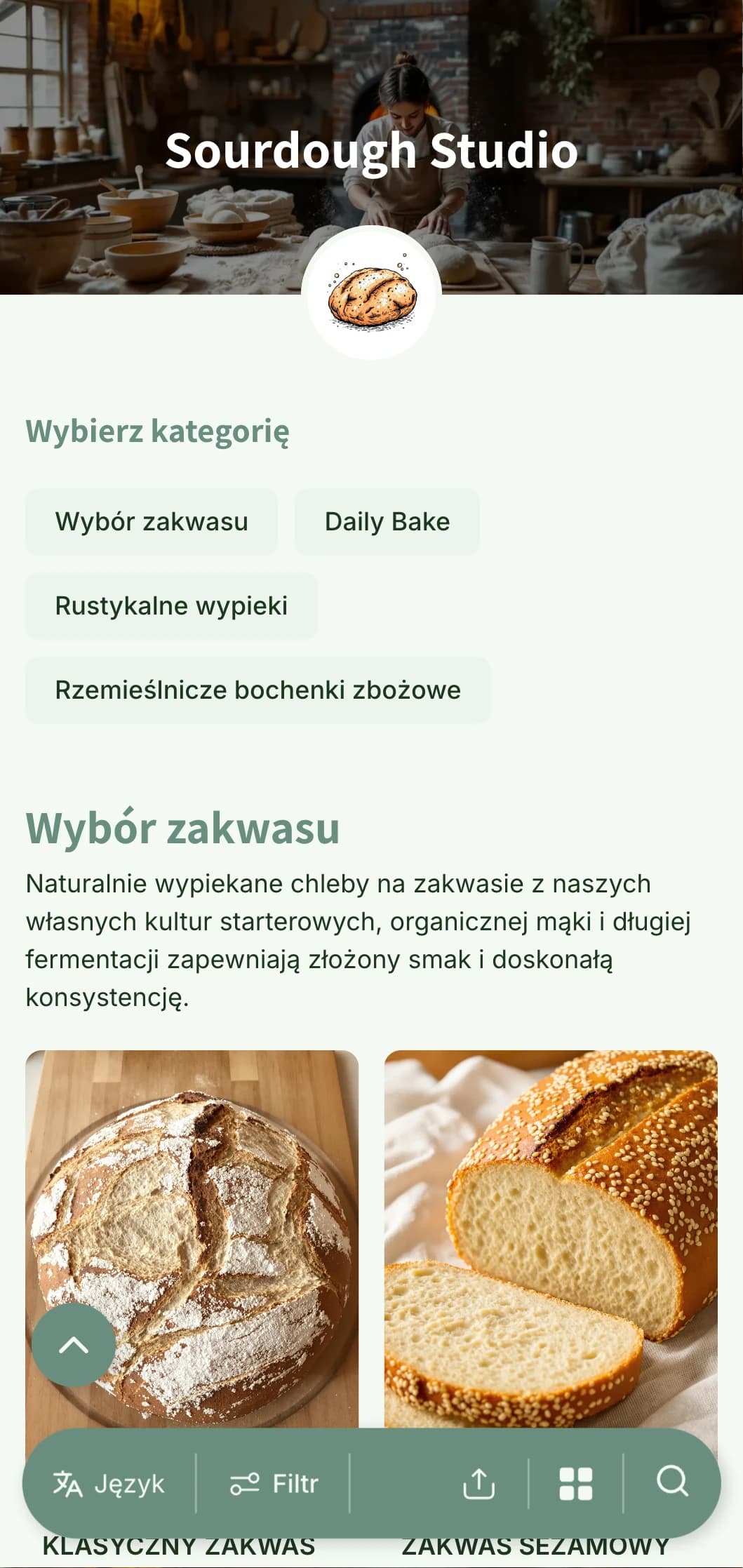 Rustykalny, ale wyrafinowany projekt menu piekarni z ziemistymi odcieniami zieleni i typografią rzemieślniczą, idealny dla specjalistów od zakwasu i piekarni rzemieślniczych.