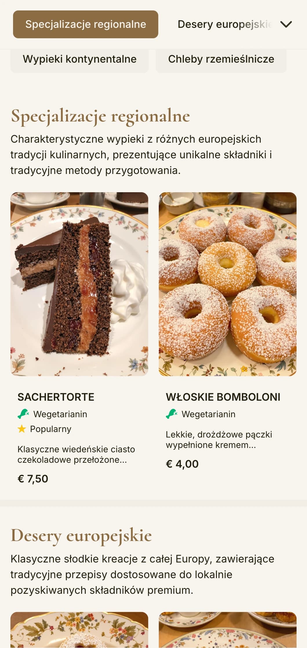 Wyrafinowany, kontynentalny projekt menu piekarni z ciepłymi odcieniami brązu i elegancką typografią, idealny dla piekarni i cukierni w stylu europejskim.
