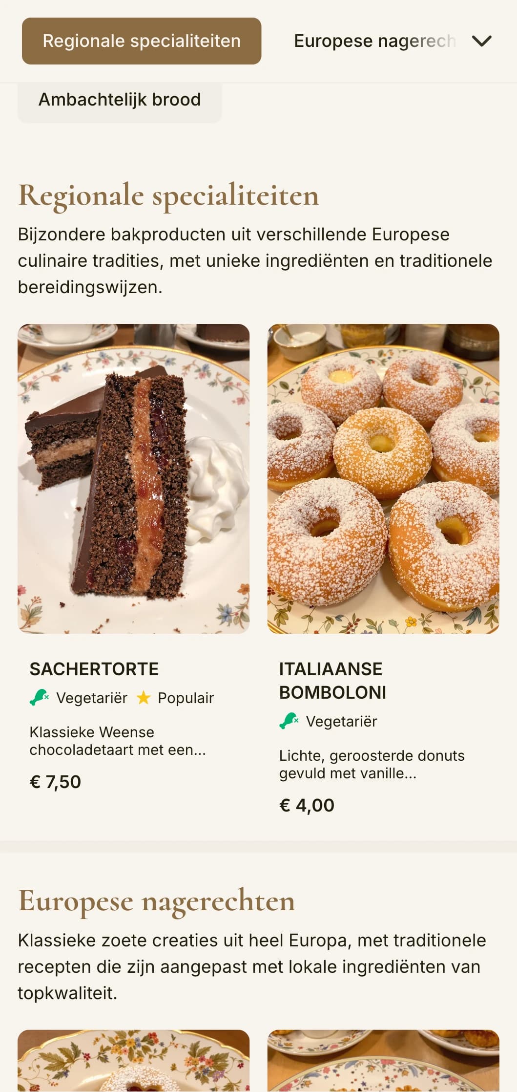 Een verfijnd, continentaal bakkerijmenu-ontwerp met warme bruine tinten en elegante typografie, perfect voor bakkerijen en patisserieën in Europese stijl.