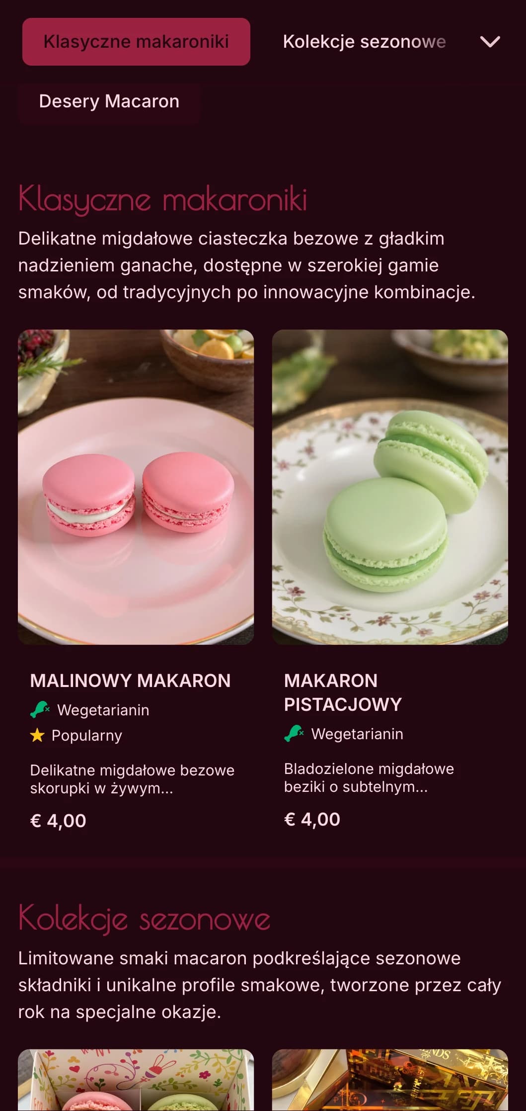 Kolorowy, luksusowy projekt menu piekarni z bogatymi odcieniami różu i elegancką typografią, idealny dla specjalistów od makaroników i wysokiej klasy butików z deserami.
