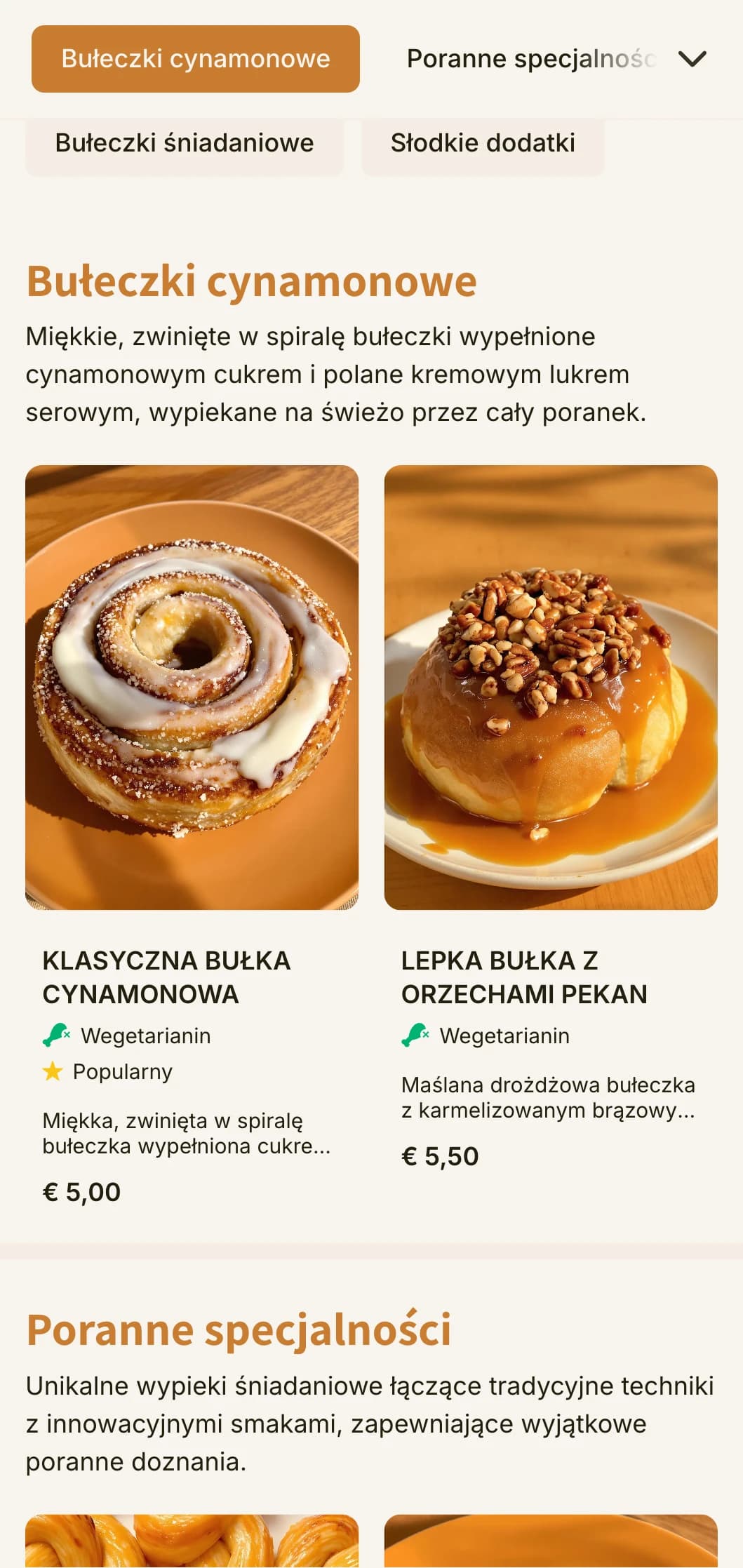 Ciepły, zachęcający projekt menu piekarni z pomarańczowo-brązowymi odcieniami i przyjazną typografią, idealny dla sklepów z bułkami cynamonowymi i specjalistów od porannych wypieków.