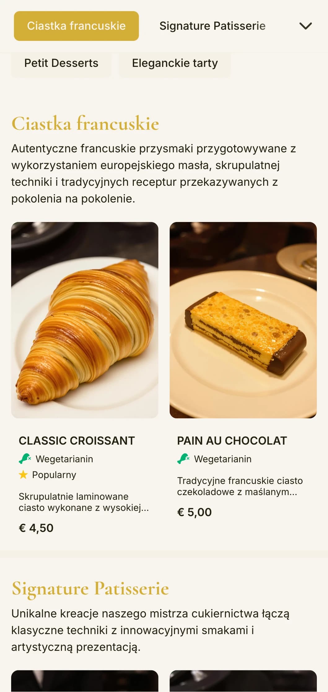 Elegancki, wyrafinowany projekt menu piekarni ze złotymi akcentami i wyrafinowaną typografią, idealny dla ekskluzywnych cukierni i sklepów z deserami.