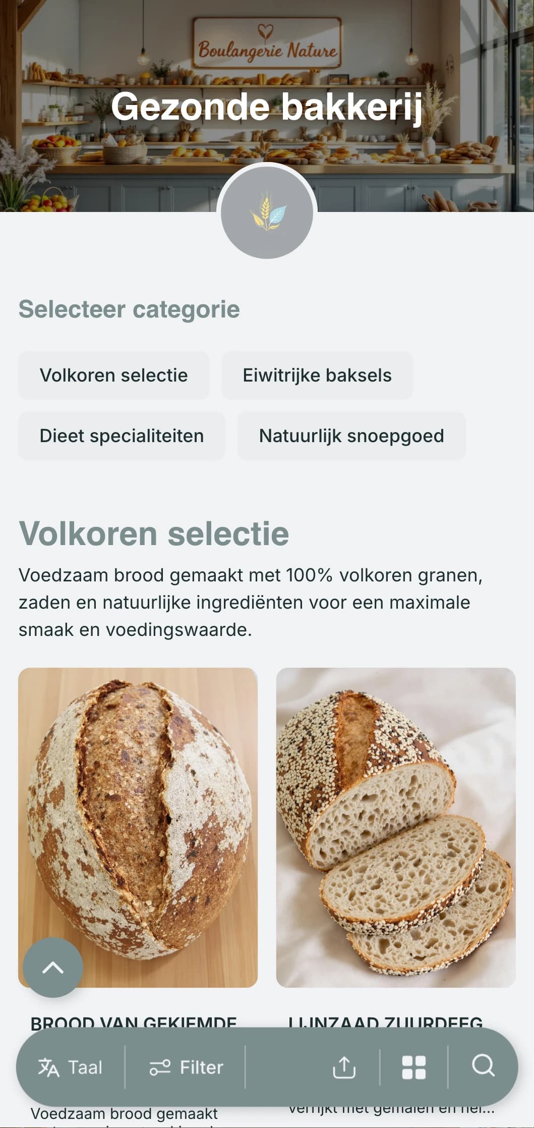 Een gezondheidsbewust menuontwerp voor bakkerijen met natuurlijke blauwgrijze tinten en strakke typografie, perfect voor bakkerijen die zich richten op gezonde ingrediënten en dieetopties.