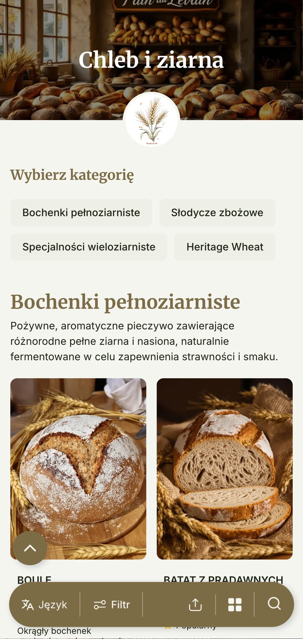 Rustykalny, skoncentrowany na zbożach projekt menu piekarni z odcieniami pszenicy i tradycyjną typografią, idealny dla rzemieślniczych piekarni chleba i specjalistów od pełnego ziarna.