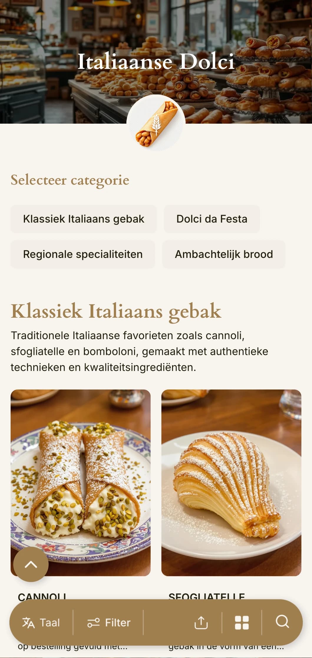Een warm, mediterraan geïnspireerd menuontwerp voor bakkerijen met aardetinten en traditionele typografie, ideaal voor Italiaanse banketbakkerijen en dessertcafés.