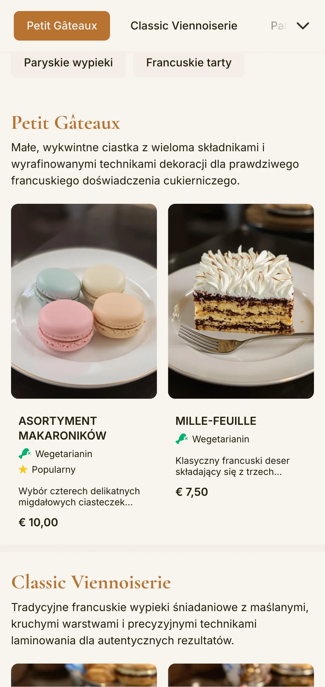 Elegancki, inspirowany kuchnią francuską projekt menu piekarni z miedzianymi akcentami i wyrafinowaną typografią, idealny dla francuskich cukierni i cukierni.