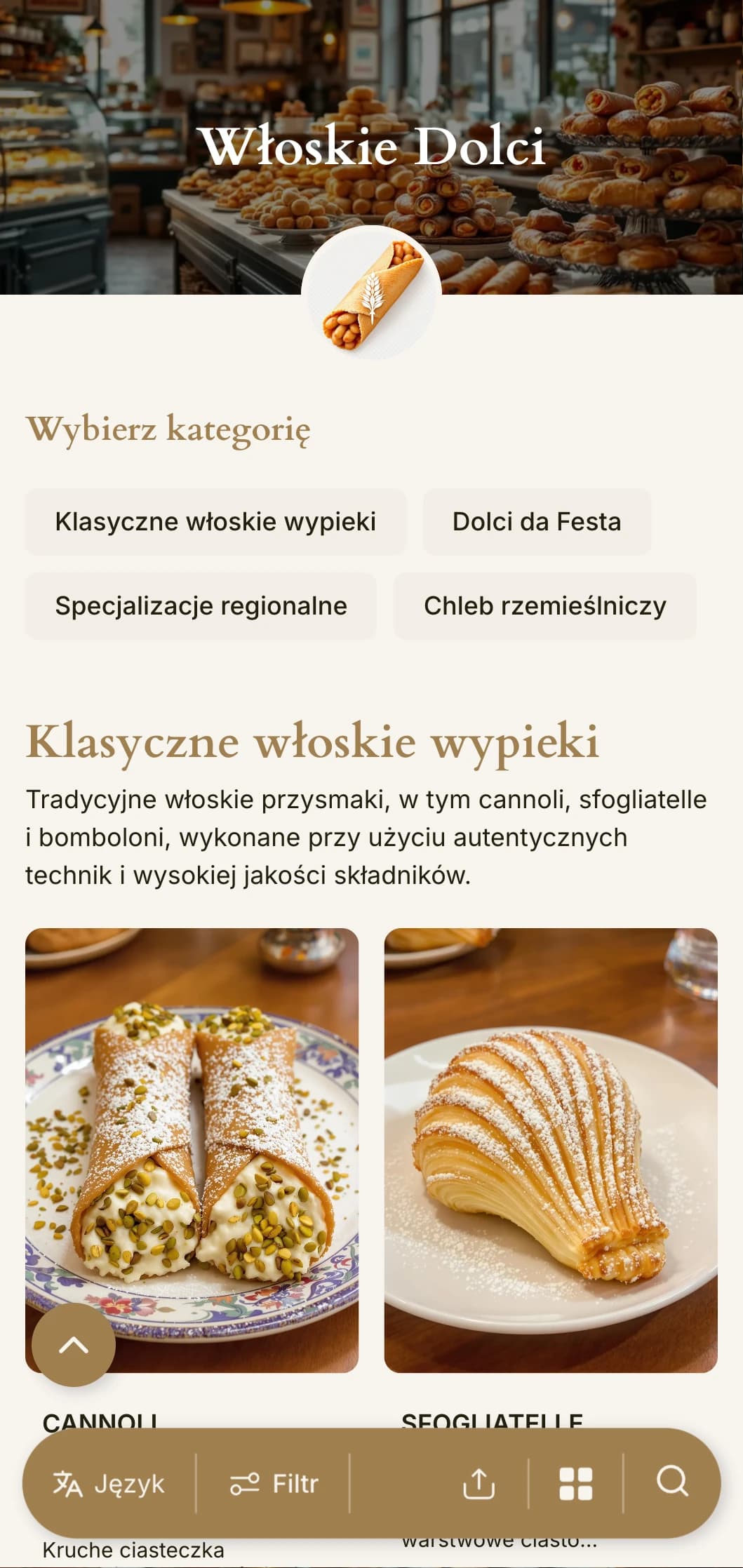 Ciepły, inspirowany kuchnią śródziemnomorską projekt menu piekarni z odcieniami ziemi i tradycyjną typografią, idealny dla włoskich cukierni i kawiarni z deserami.