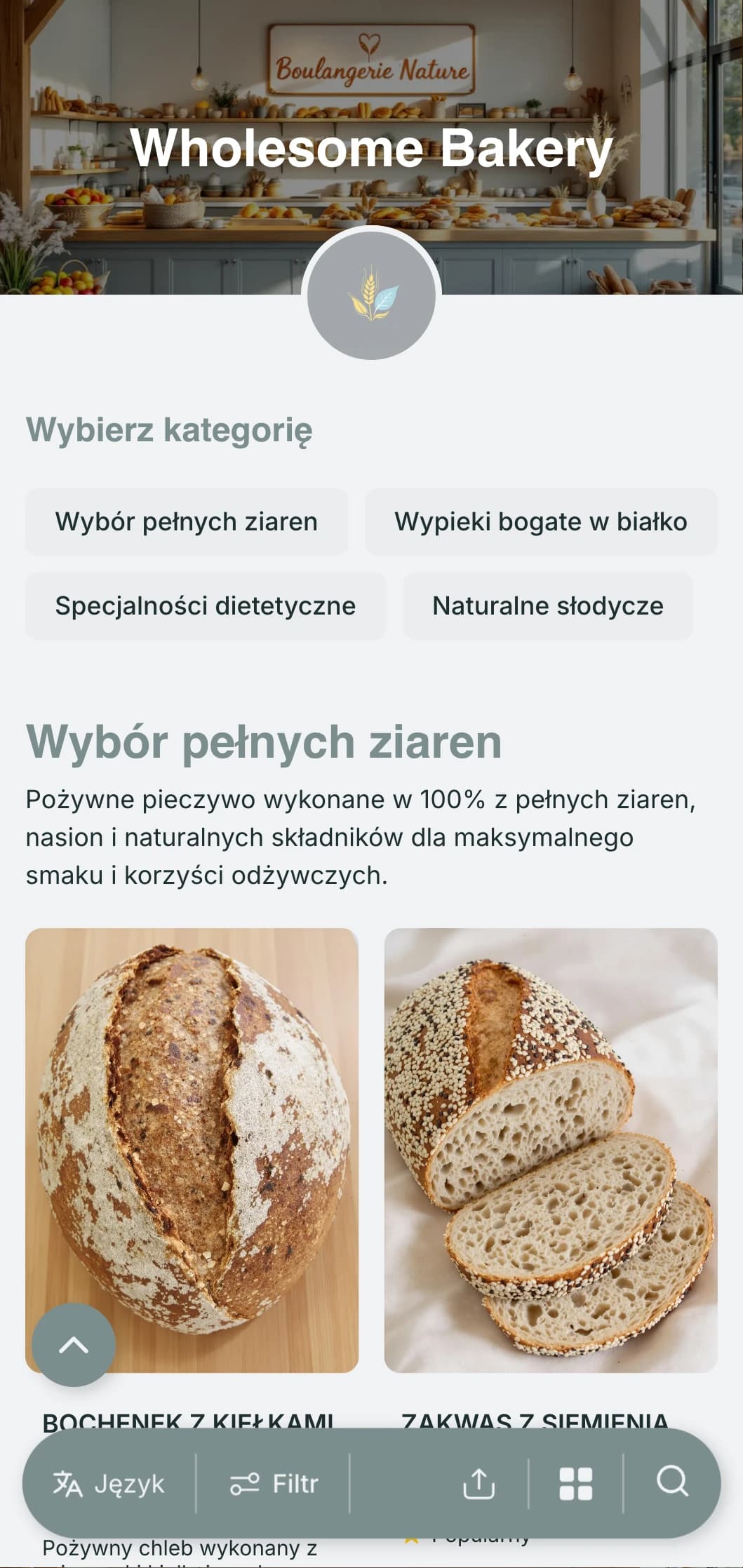 Projekt menu piekarni dbającej o zdrowie z naturalnymi niebiesko-szarymi odcieniami i czystą typografią, idealny dla piekarni koncentrujących się na zdrowych składnikach i opcjach dietetycznych.
