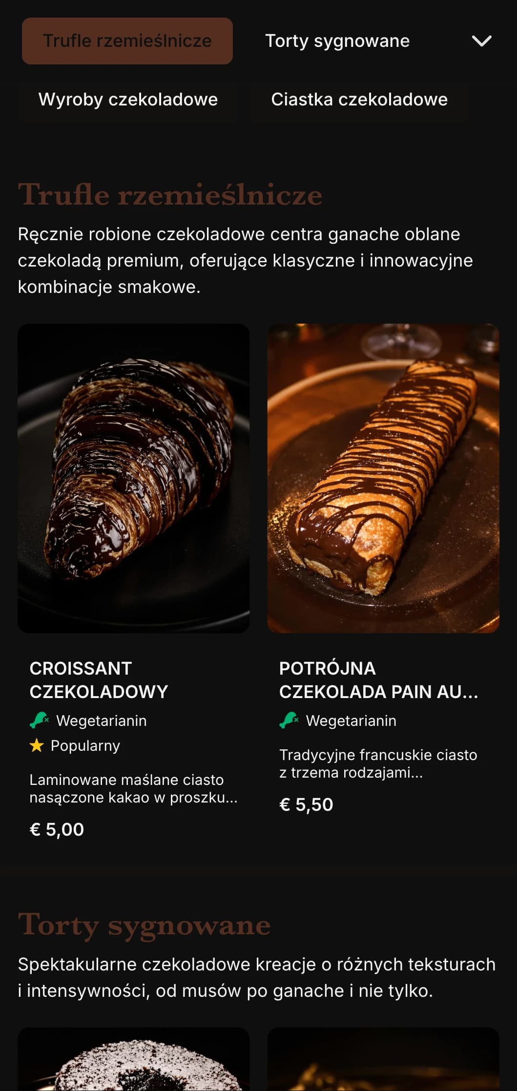 Bogaty, pobłażliwy projekt menu piekarni z głębokimi czekoladowymi odcieniami brązu i elegancką typografią, idealny dla piekarni koncentrujących się na czekoladzie.