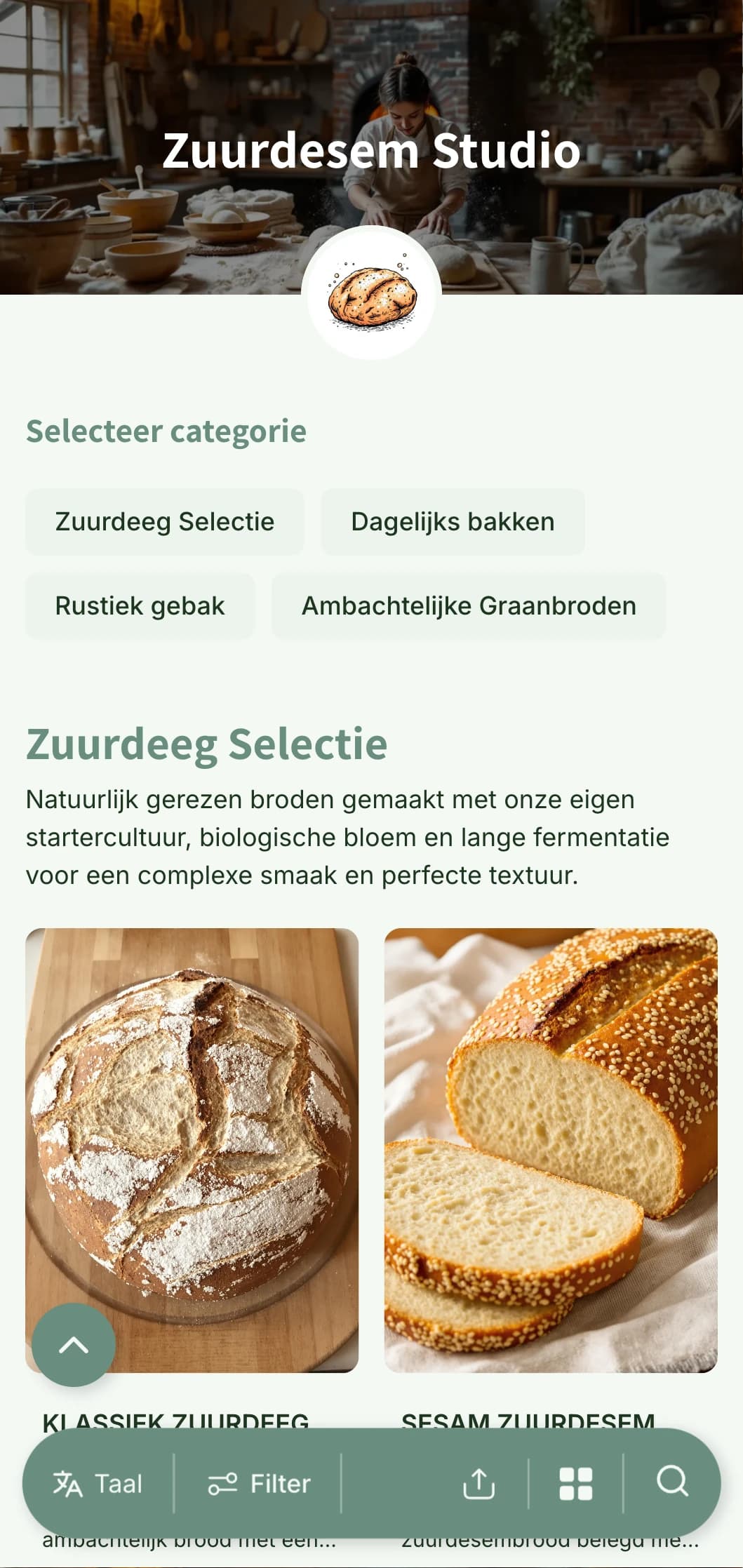 Een rustiek maar verfijnd menuontwerp voor bakkerijen met aardgroene tinten en ambachtelijke typografie, perfect voor zuurdesemspecialisten en ambachtelijke bakkerijen.