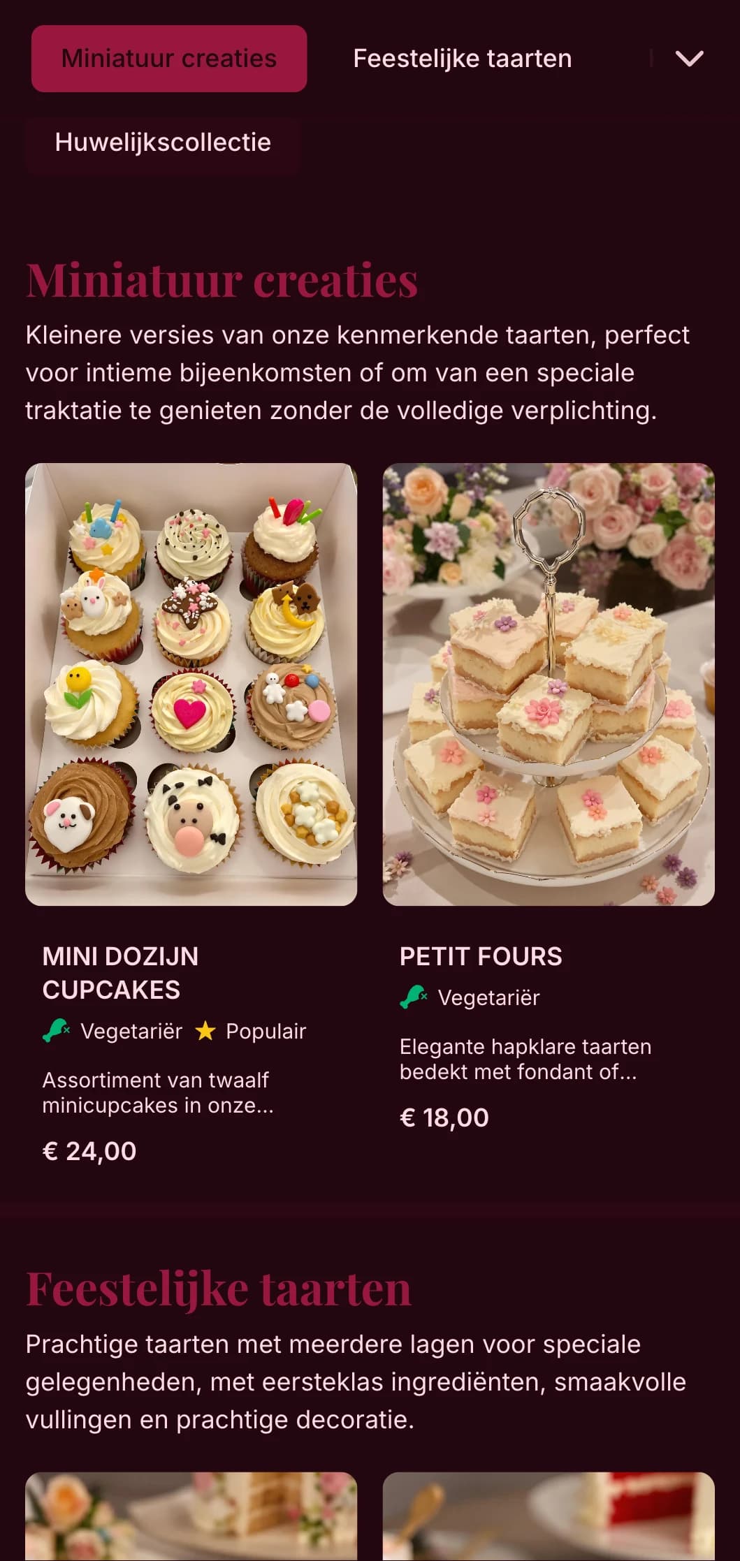 Een luxe, vrouwelijk menuontwerp voor bakkerijen met rijke roze tinten en elegante typografie, ideaal voor luxe taartenwinkels en bruidstaartspecialisten.