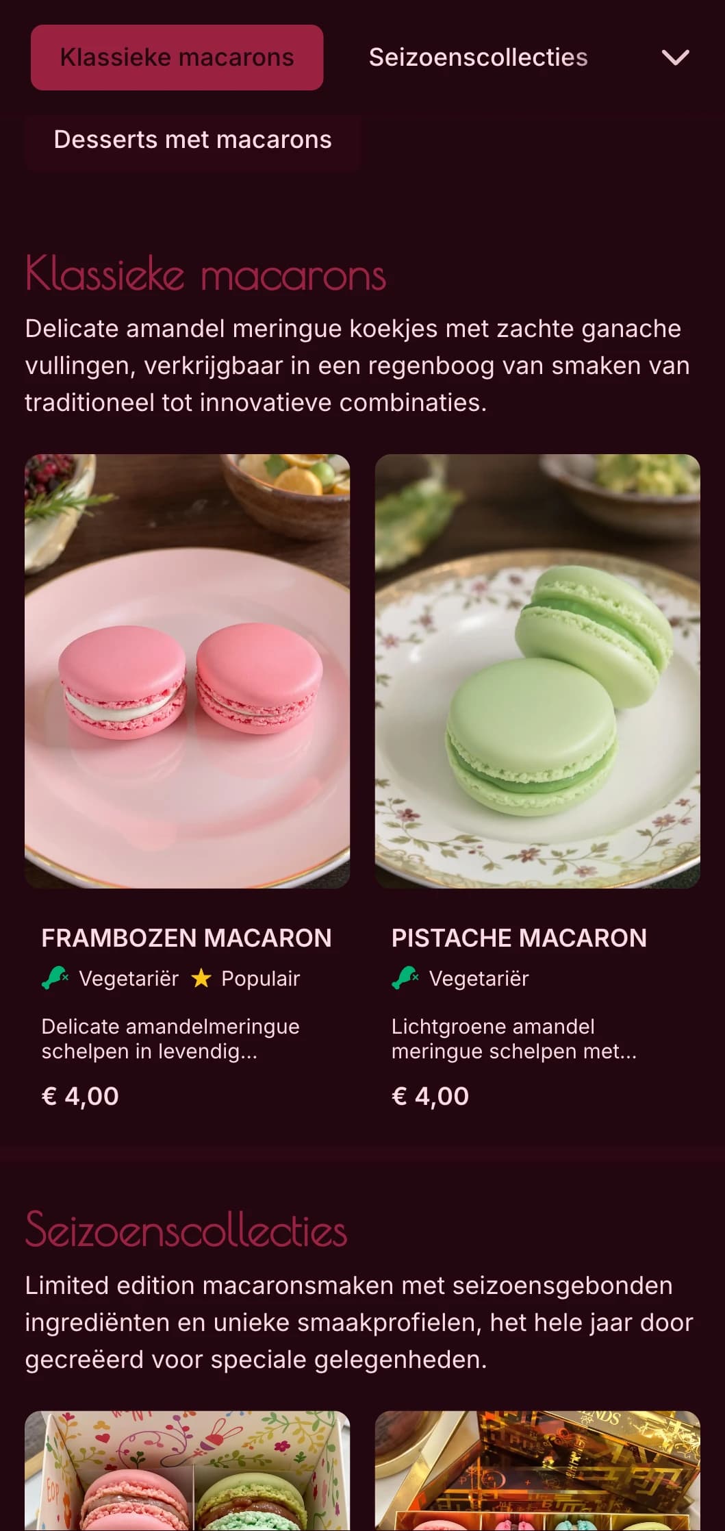 Een kleurrijk, luxe menu-ontwerp voor bakkerijen met rijke roze tinten en elegante typografie, ideaal voor macaronspecialisten en luxe dessertboetieks.