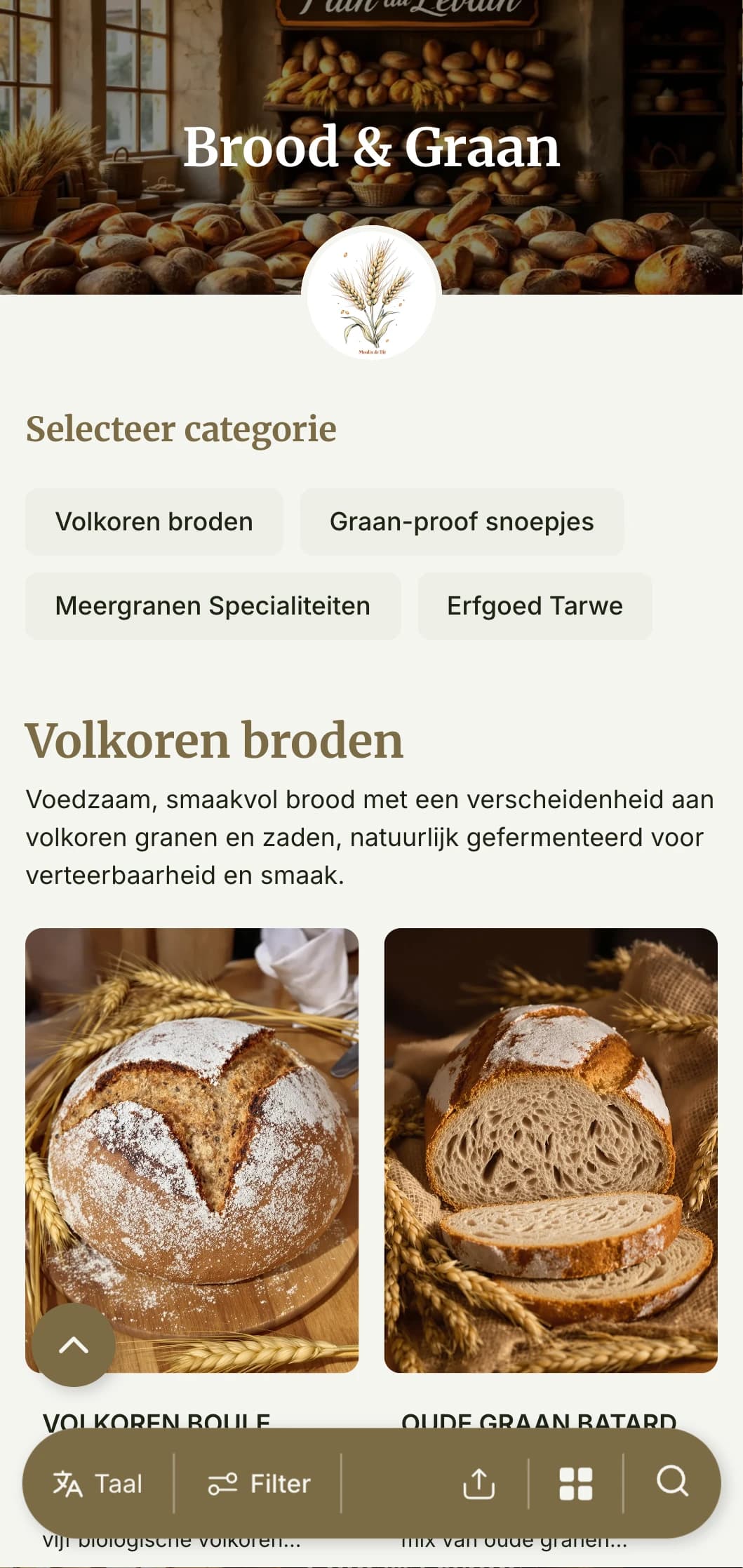 Een rustiek, graangericht menu-ontwerp voor bakkerijen met tarwetinten en traditionele typografie, ideaal voor ambachtelijke broodbakkerijen en volkorenspecialisten.