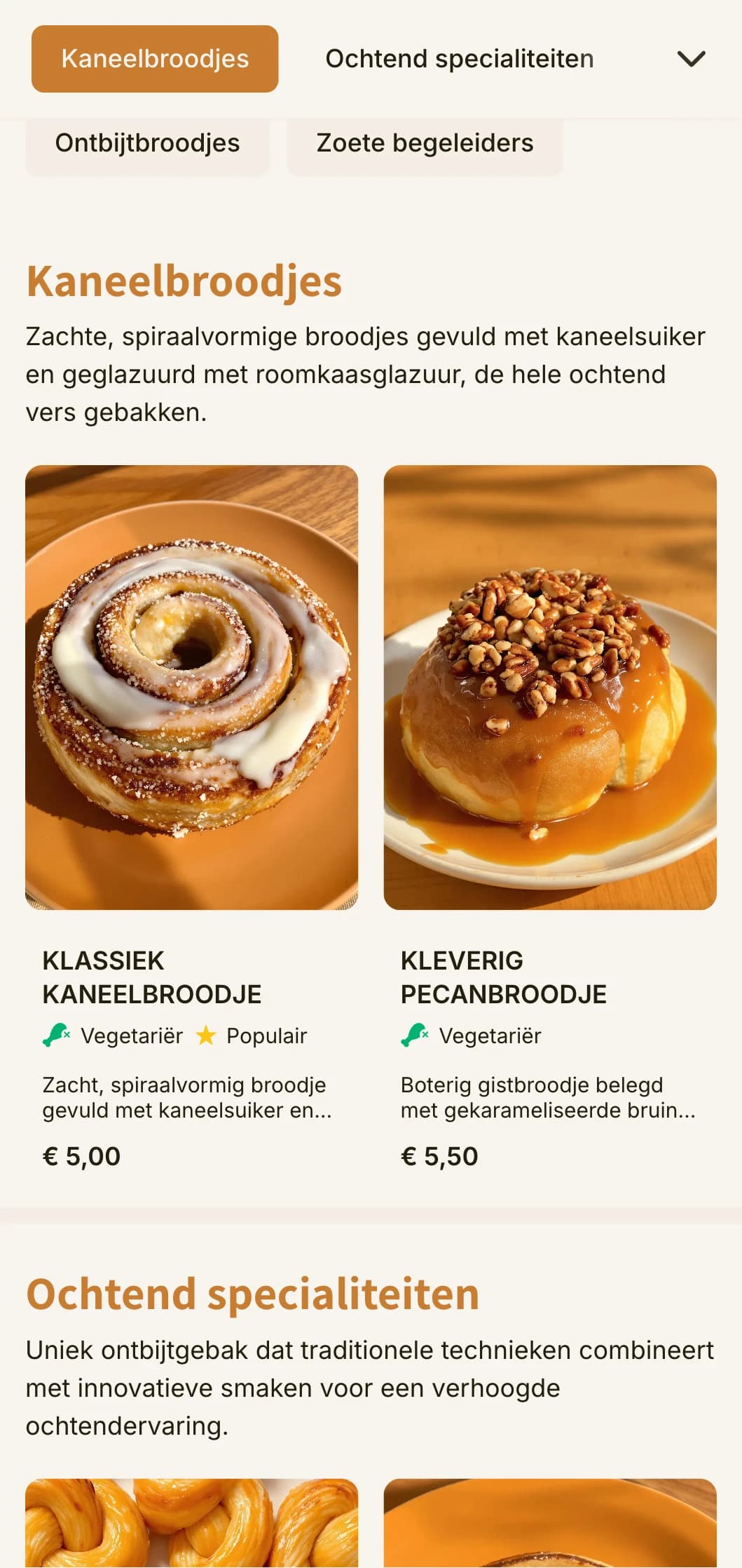 Een warm, uitnodigend menu-ontwerp voor bakkerijen met oranjebruine tinten en vriendelijke typografie, perfect voor kaneelbroodjeswinkels en specialisten op het gebied van ochtenddeeg.