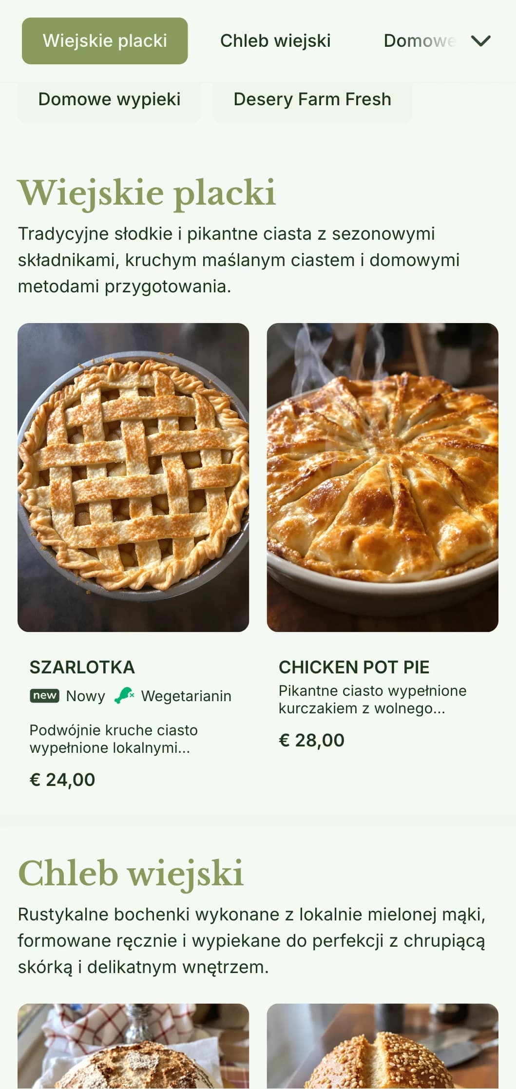 Domowy, wiejski projekt menu piekarni z ciepłymi odcieniami zieleni i tradycyjną typografią, idealny dla piekarni typu farm-to-table i sklepów w stylu domowym.