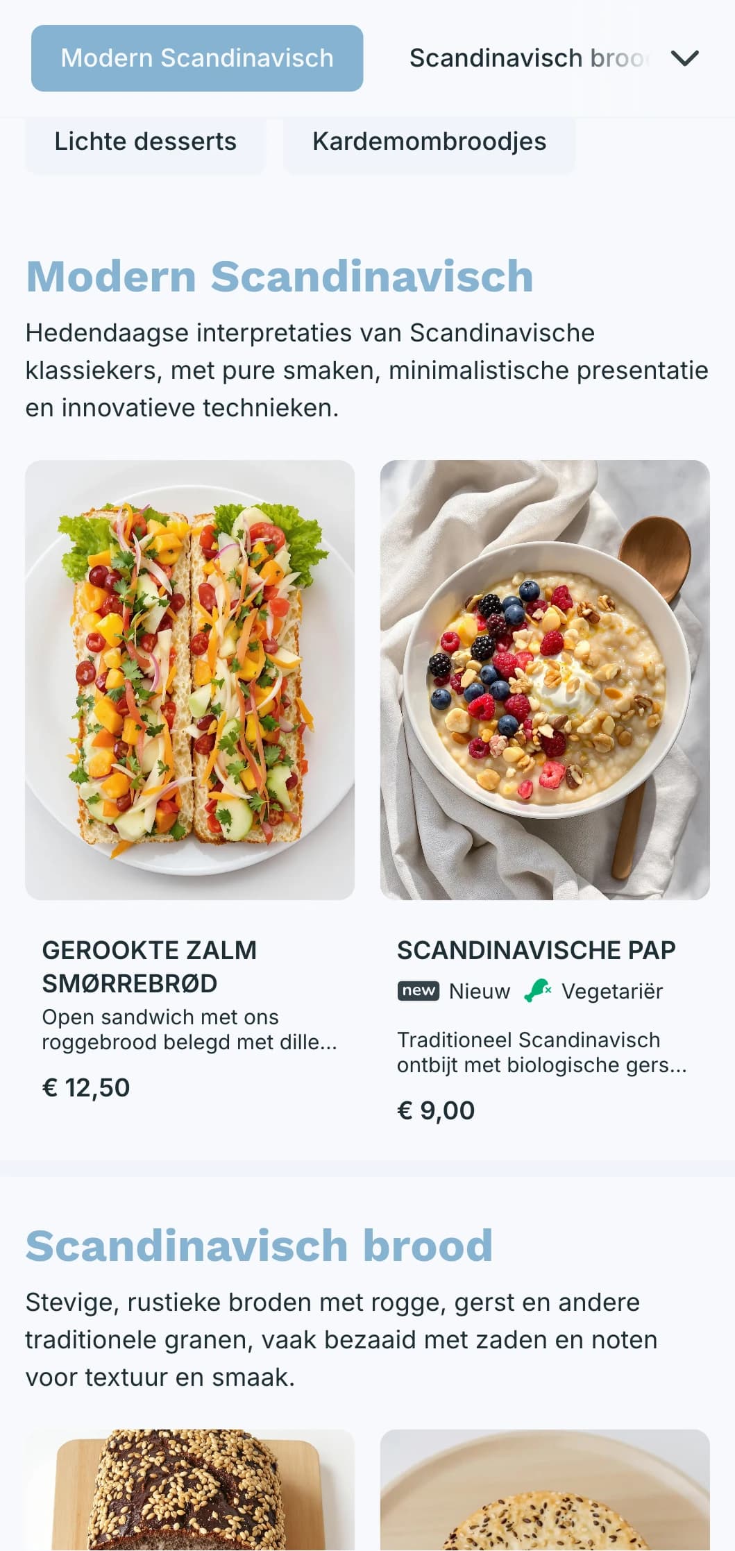 Een licht, luchtig menuontwerp voor bakkerijen met koele blauwe tinten en strakke typografie, perfect voor bakkerijen met Scandinavische invloeden en moderne cafés.