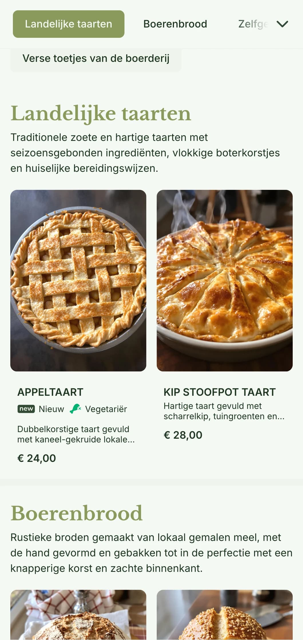 Een huiselijk, landelijk menu-ontwerp voor bakkerijen met warme groene tinten en traditionele typografie, perfect voor farm-to-table bakkerijen en thuiswinkels.