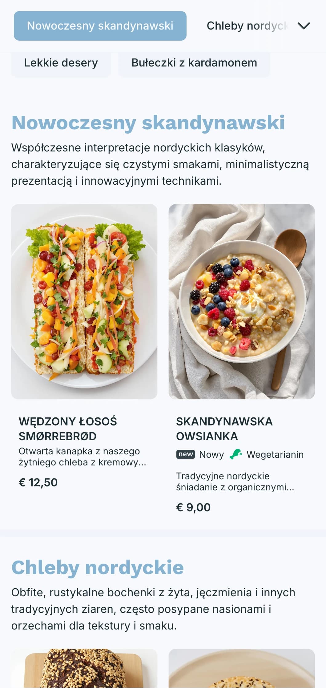 Lekki, przewiewny projekt menu piekarni z chłodnymi niebieskimi odcieniami i czystą typografią, idealny dla piekarni inspirowanych Skandynawią i nowoczesnych kawiarni.
