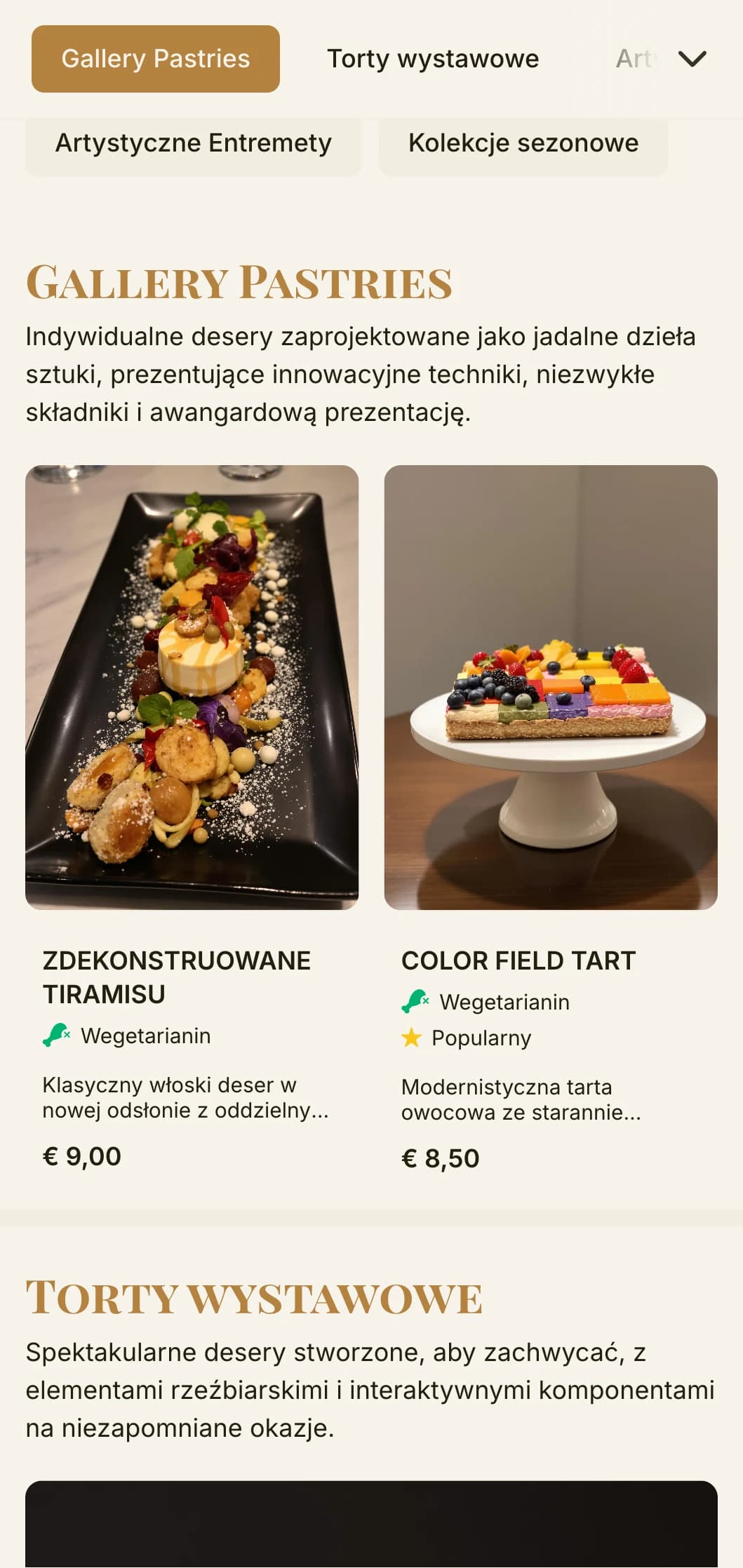 Artystyczny, inspirowany galerią projekt menu piekarni z ciepłymi odcieniami złota i wyrafinowaną typografią, idealny do butików z deserami i artystycznych cukierni.