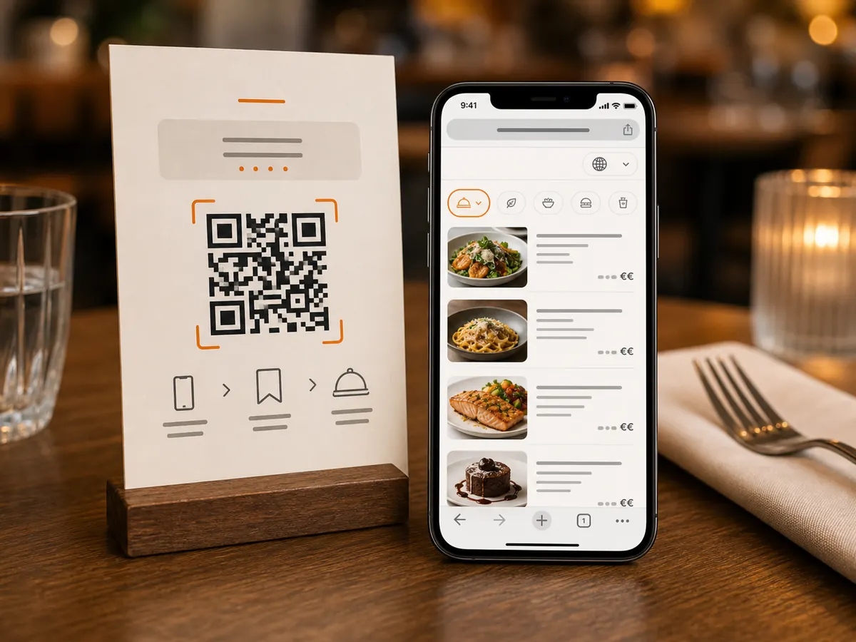QR 스캔 후 휴대폰에 열린 디지털 레스토랑 메뉴