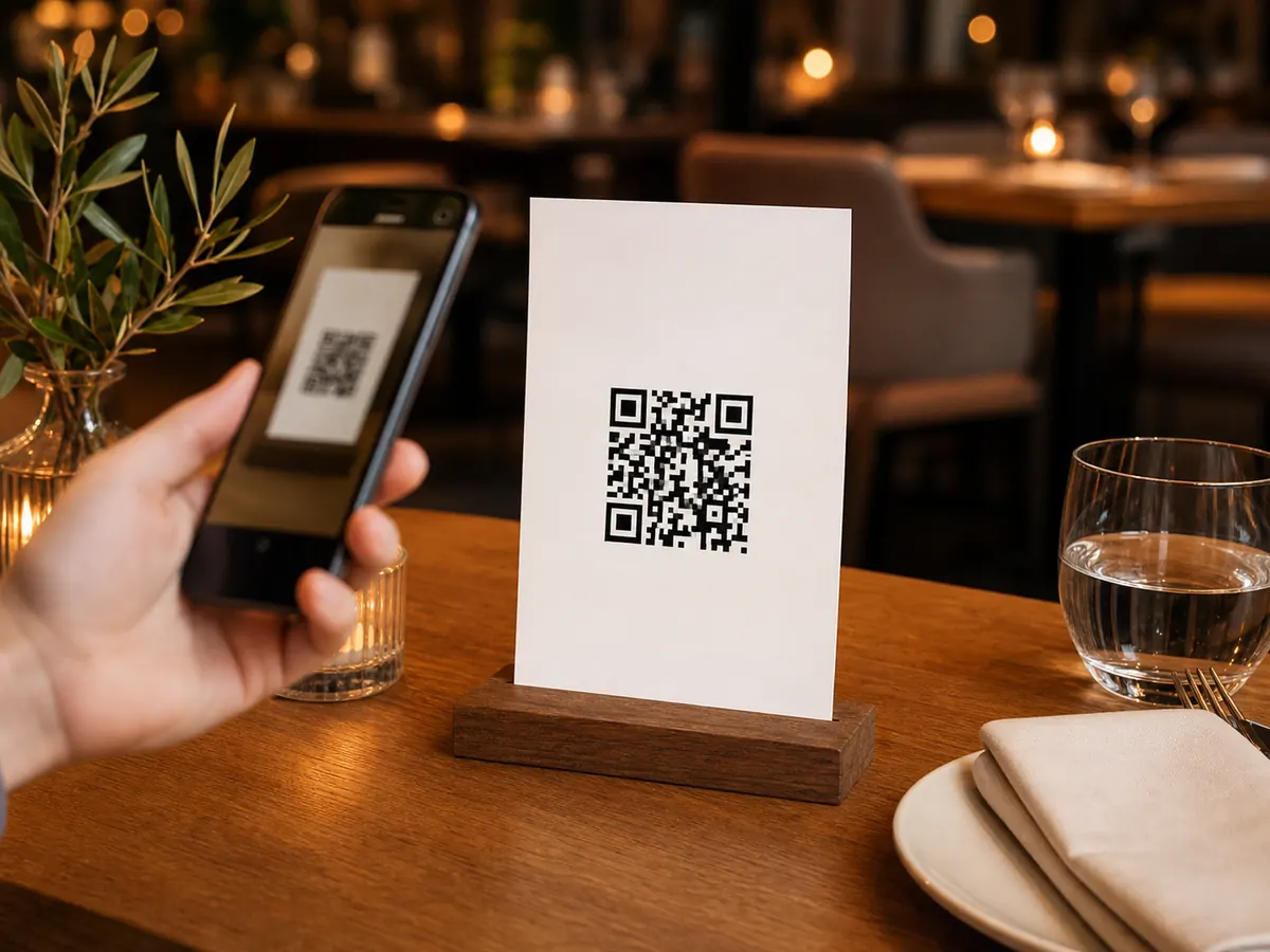 레스토랑 테이블에서 QR 메뉴 카드를 스캔하는 손님