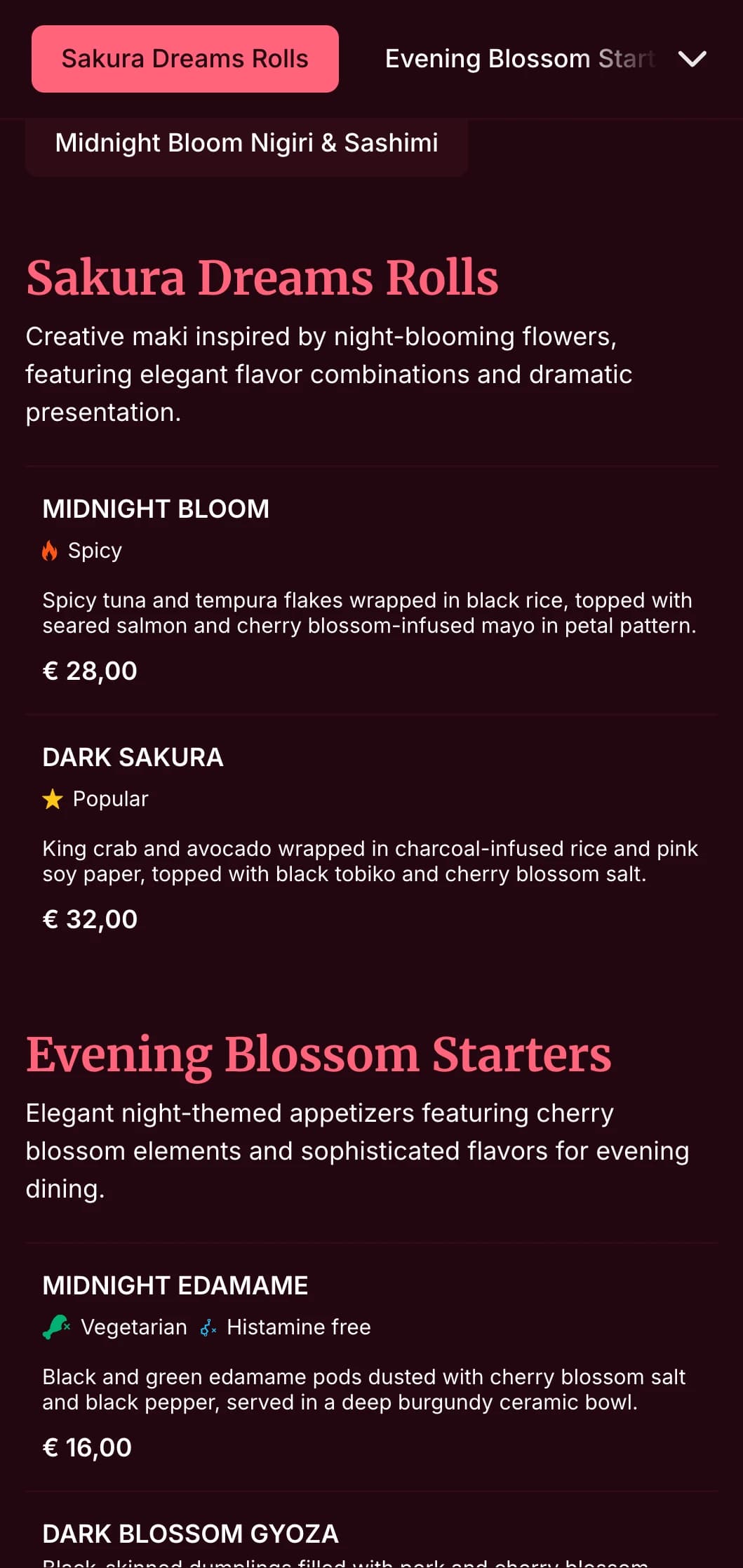 Elegant evening sushi experience with dramatic cherry blossom motifs against deep burgundy for upscale dining.
