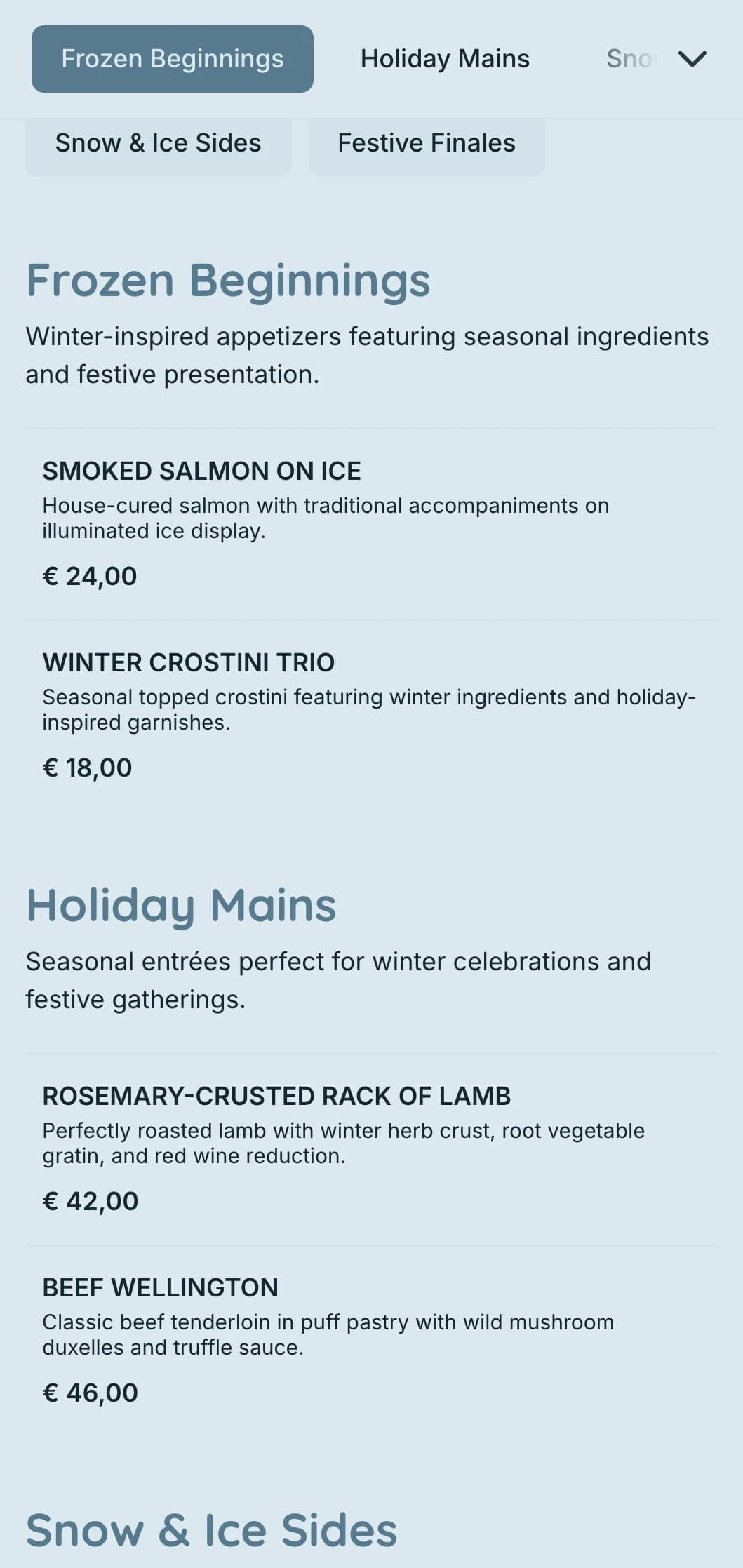 Magical winter-themed catering with seasonal ingredients, dramatic presentation, and cozy elements for holiday parties and winter events.