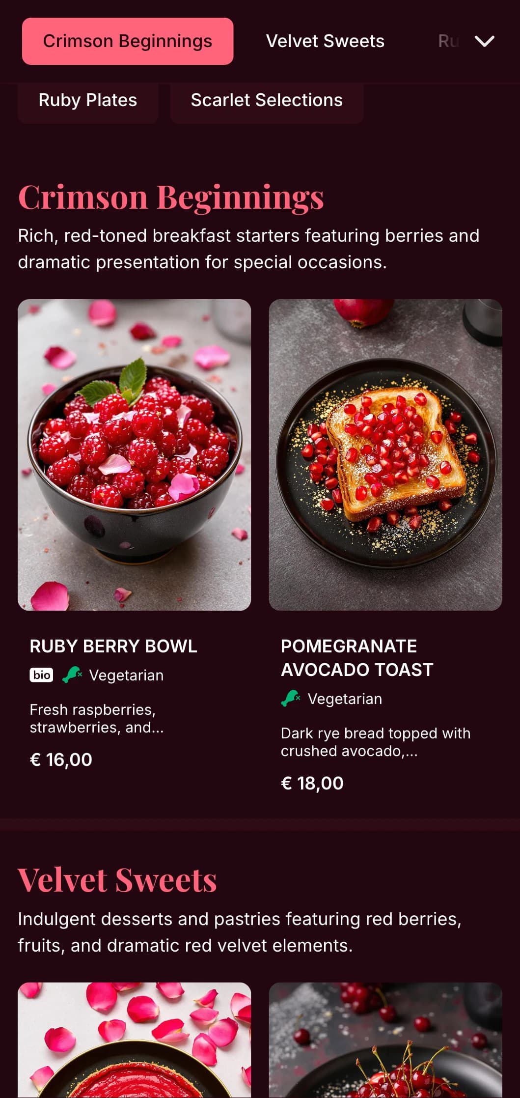 Rich, red-toned brunch template with luxurious details, suited for romantic brunch settings and special occasions.