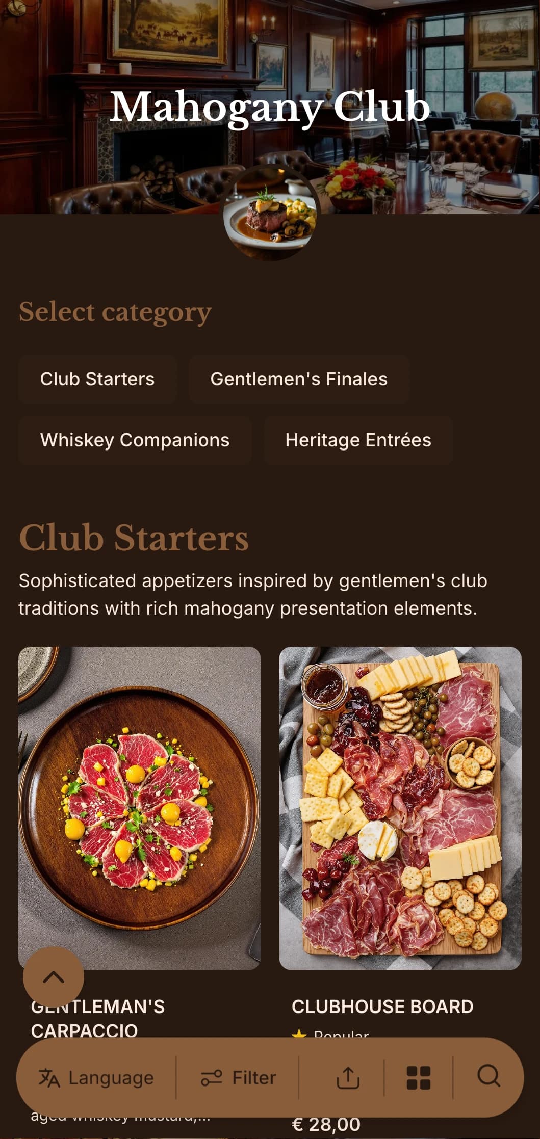 Sophisticated gentlemen's club-inspired concept with rich wood tones and traditional luxury elements.