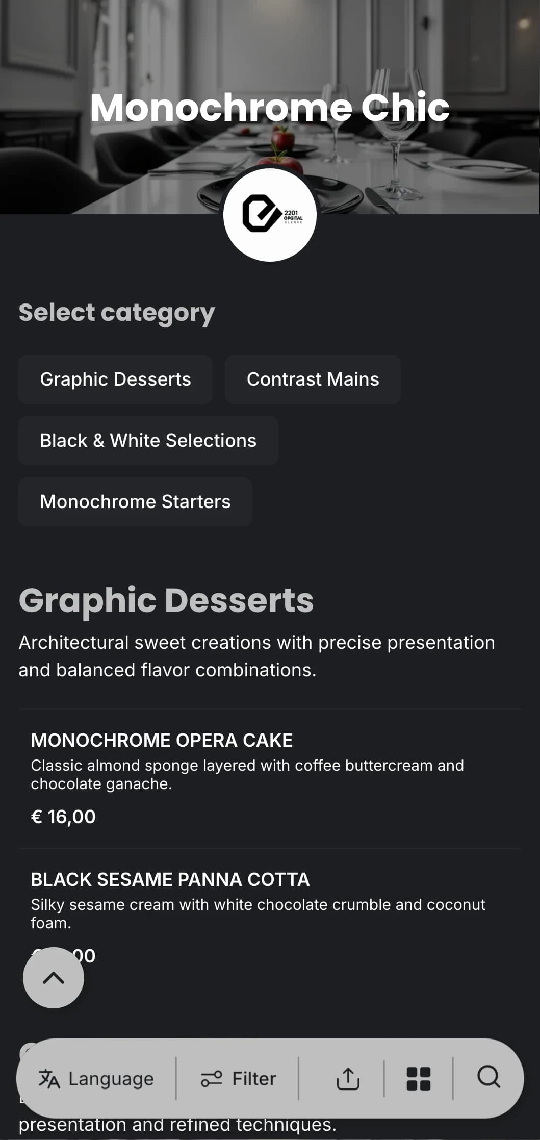 A sophisticated black and white dinner menu with bold typography and clean lines, designed for contemporary fine dining.