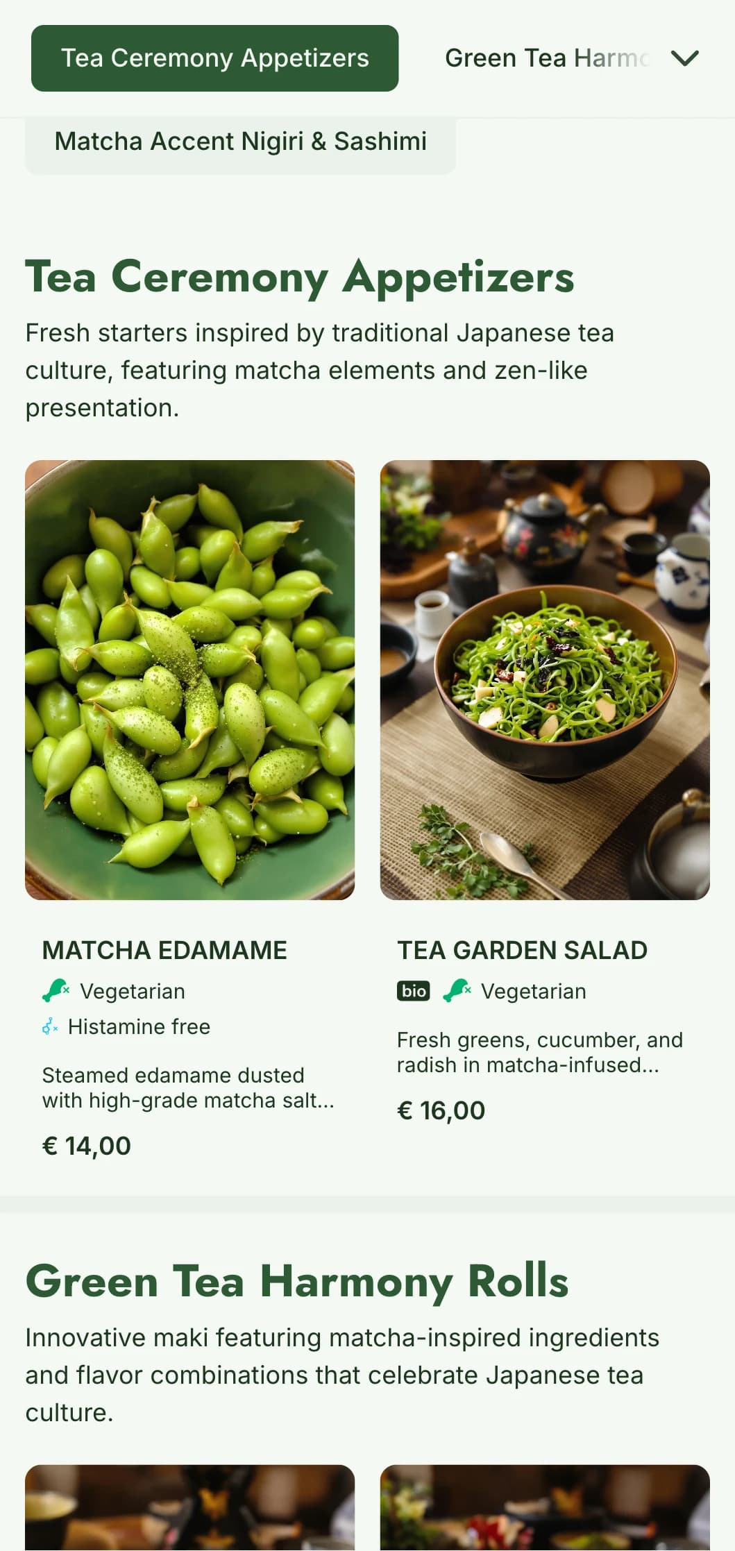 Contemporary sushi menu featuring vibrant matcha green tones for health-conscious, tea-inspired establishments.