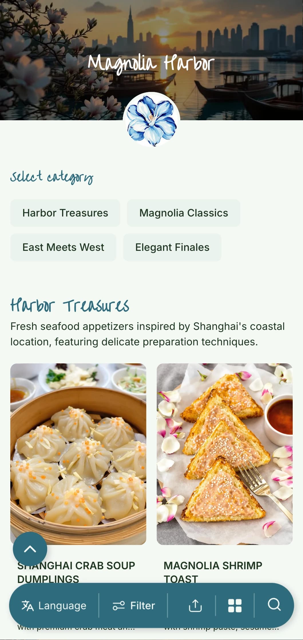 Elegant Chinese menu design inspired by Shanghai cuisine and harbor aesthetics, with floral accents for refined dining.