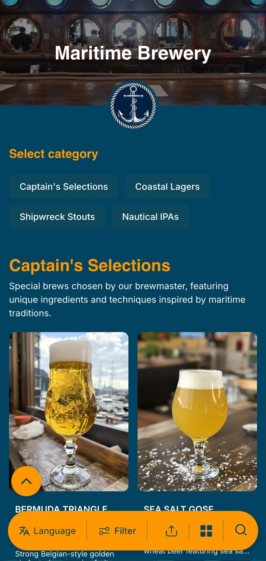 Nautical-themed template with naval blue tones and seafaring elements, perfect for coastal breweries and harbor pubs.